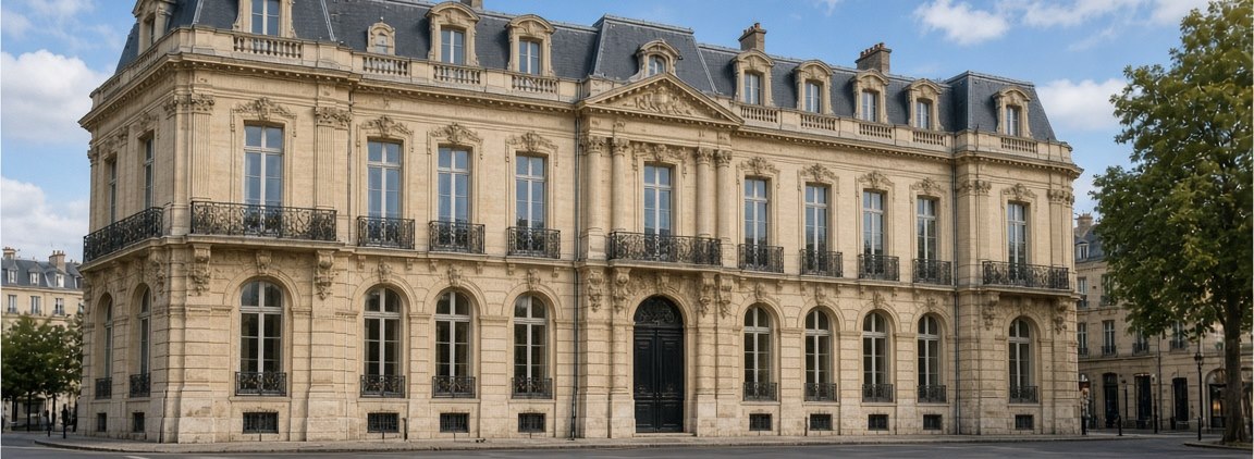 Façade classique restaurée — pierre de taille, ferronneries et toiture en zinc