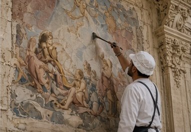 Restauration d'un décor peint mural par un artisan