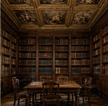 Bibliothèque au plafond à caissons peint et doré